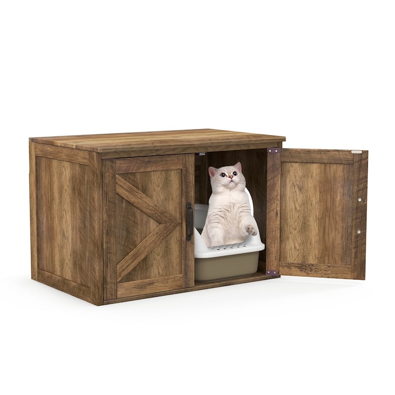 Flip Top Hidden Cat Washroom Furniture with Double Barn Doors Removable Divider and Middle Entry - 31.5"L x 21.5"W x 21"H