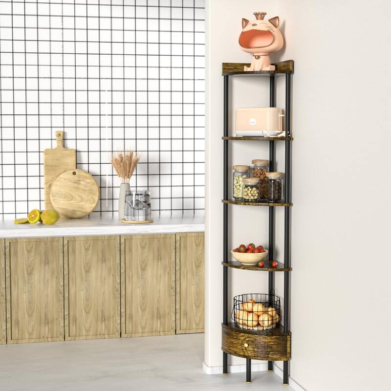 5 Tier Corner Shelf with Drawer Storage - 15.75"D x 11"W x 65.33"H