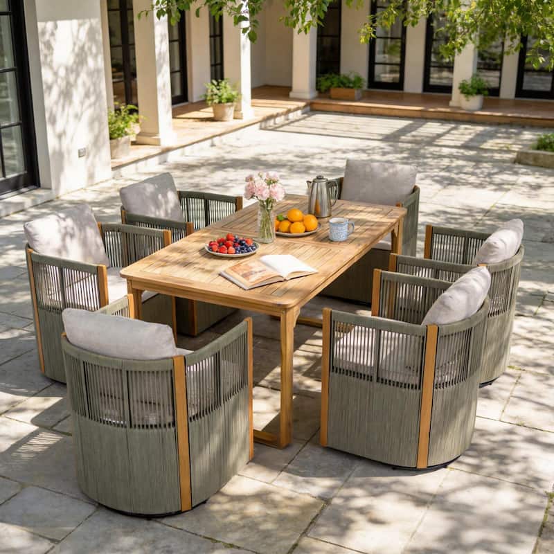 Christopher Knight Home - Ronan Outdoor Acacia Wood Dining Set with Swivel Rope Armchairs & Curved Leg Dining Table, Teak Finish - 7-Piece-Light Grey+Beige