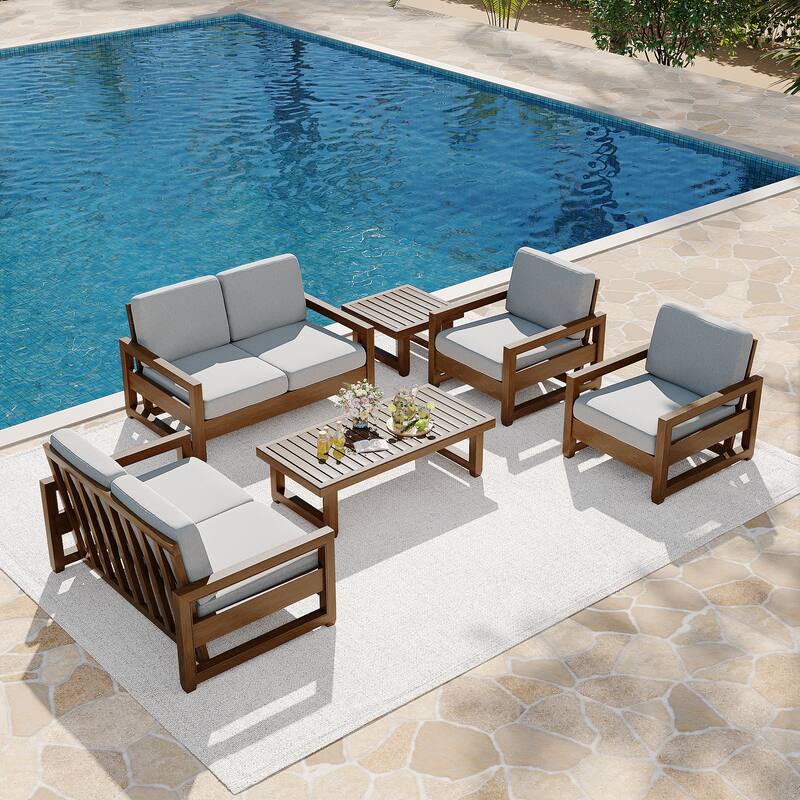 7-Piece Outdoor Teak Wood Conversation Set with Loveseat, Chairs and Tables - Light Grey/Brown wood