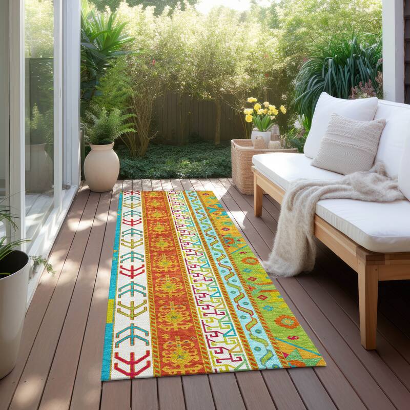 Machine Washable Indoor/ Outdoor Boho Tribal Chantille Rug - Teal - 2'3" x 7'6"