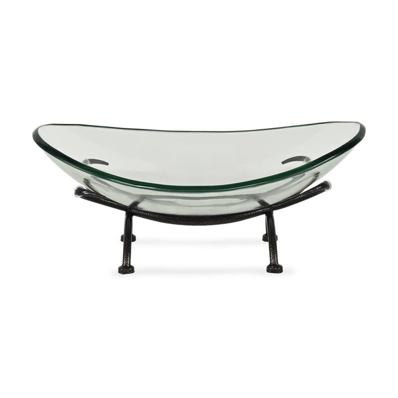 HomeRoots 17" Clear And Black Glass And Metal Oval Decorative Bowl With Stand - 17.25 in. x 7.00 in. x 11.50 in.