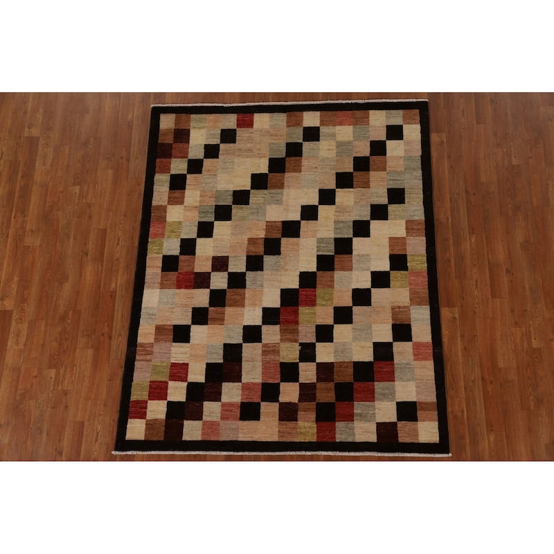 Modern Checkered Gabbeh Kashkoli Area Rug Hand-knotted Wool Carpet - 5'0" x 6'2"