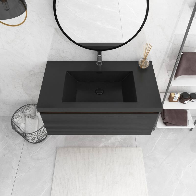 Floating Bathroom Vanity in Natural Oak with Integrated Resin Top