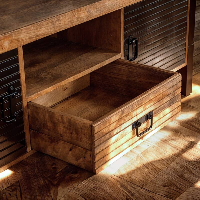 60" Groove Mango Wood TV Stand with Drawer and Black Iron Frame