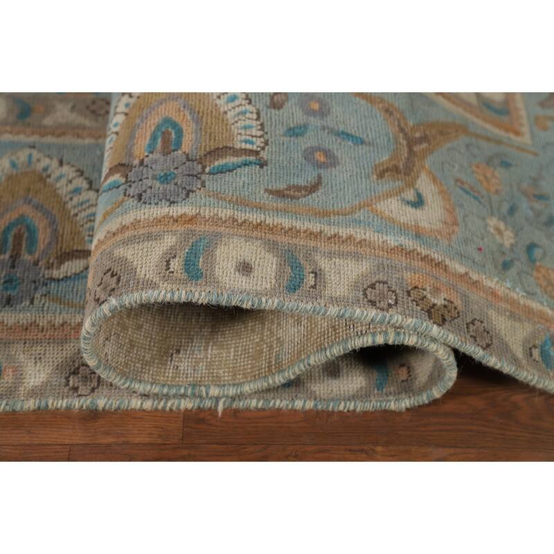 Tabriz Vintage Persian Area Rug Handmade Floral Blue Wool Carpet - 9'10" x 12'11"