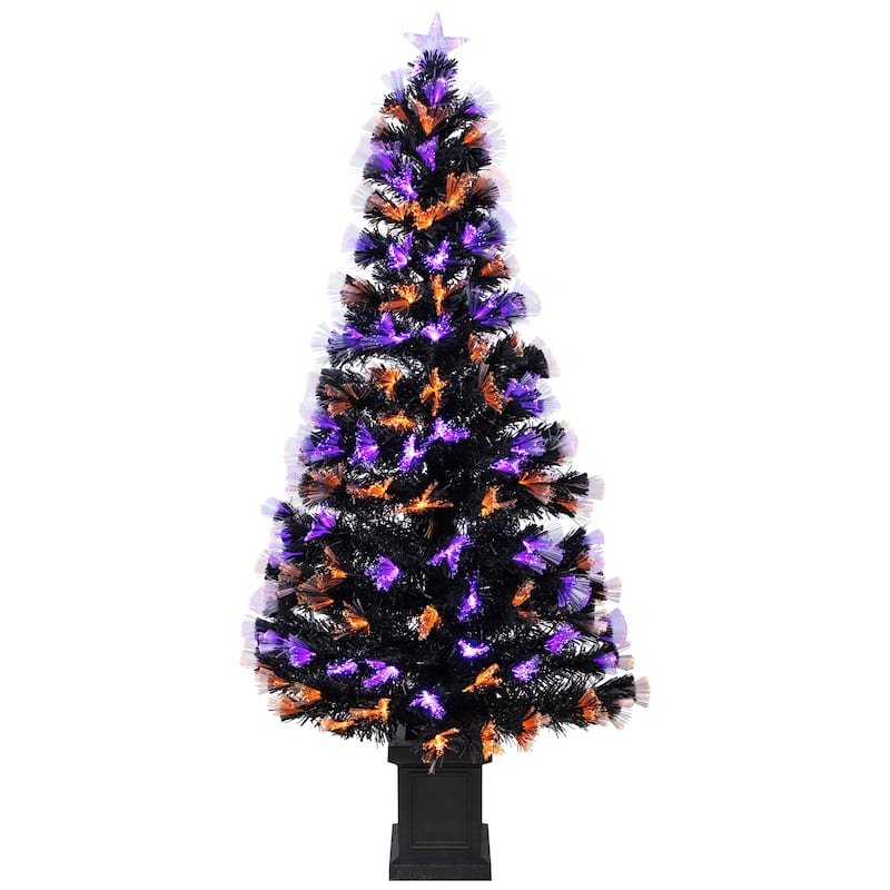 8-Function Fiber Optic Artificial Pine Potted Halloween Tree - 5' - Black - Orange and Purple LED - 3-to-6-feet