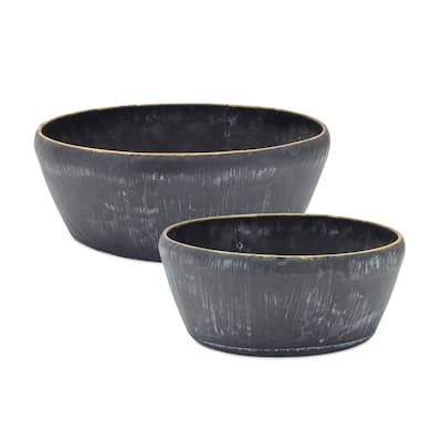 Round Distressed Metal Planter with Gold Accent (Set of 2)