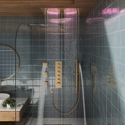 Luxury 5-Spray Patterns 28 in. Ceiling Mount Shower System with Handheld Shower Head, 3 Body Jets, LED, and Music - 16" x 28"