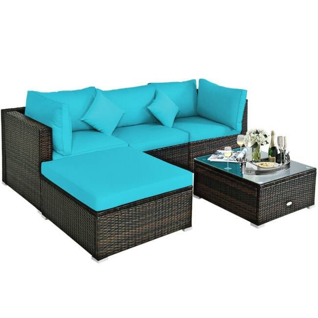 5 Pcs Outdoor Patio Rattan Furniture Set Sectional Conversation with Cushions - 29.5'' x 29.5'' x 25.5'' (L x W xH)