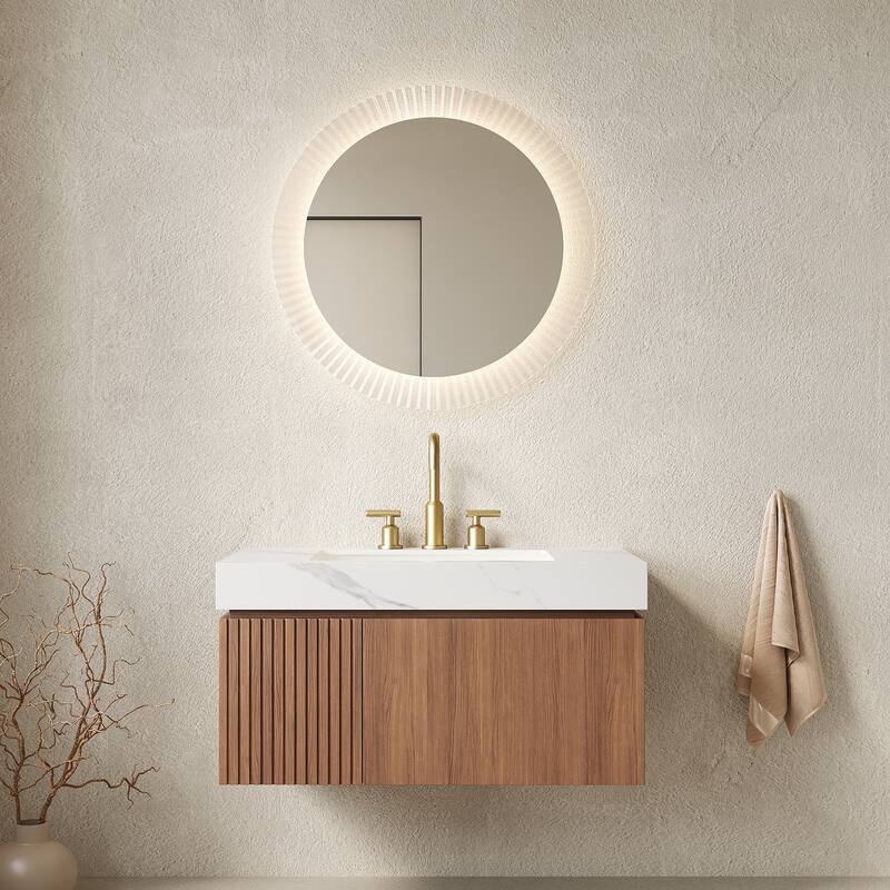 Floating Bathroom Vanity with Sintered Stone Top & Undermount Ceramic Basin with Three Pre-drilled Faucet Holes - 35.83'' x 18.9'' x 17.72'' - Brown Oak and Carrara White