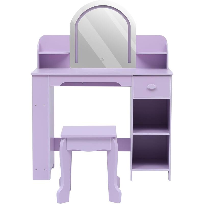 Kids Vanity Set with Lighted Mirror and Stool, 2-in-1 Makeup Tabl, for Girls Ages 3–9 - Purple