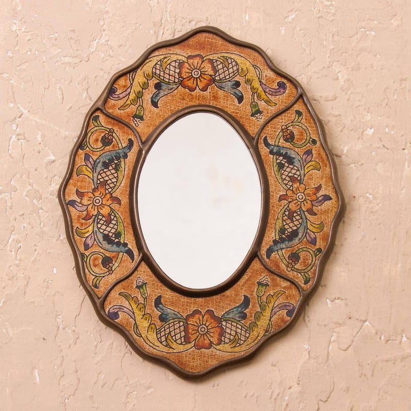 Handmade Caramel Colonial Wreath Reverse-Painted Glass Wall Mirror (Peru) - 9.75" H x 7.75" W x 0.6" D