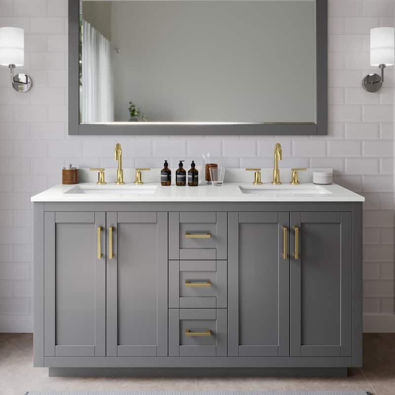 Wyndham Collection WCF292960D-QTZ-US3MXX Miranda 60" Free Standing - Dark Gray / White Quartz Top / Brushed Gold