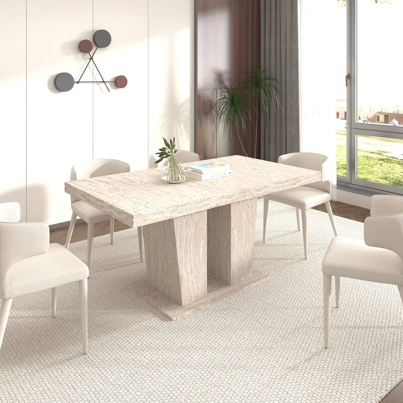 Rectangular Extendable Dining Table, Suitable for 6-10 People, with Veined Travertine Pattern, Dimensions 160-200 cm - Beige