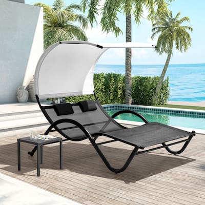 Outdoor Double Chaise Lounge Chair with Canopy Shade & Wheels, Double Sun Bed Lounger - 72.83" D × 54.33" W ×65.35" H