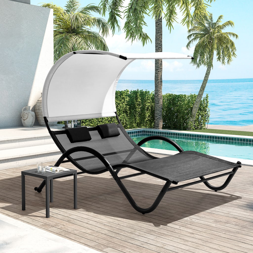 Outdoor Double Chaise Lounge Chair Double Sun Bed Lounger with Canopy Shade & Wheels - 72.83" D × 54.33" W ×65.35" H