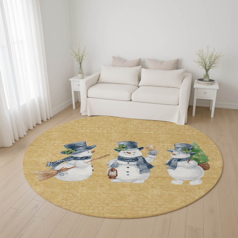 Premium Washable Super Soft Winter Holiday Snowman Mayfield Rug - Gold - 8' x 8'