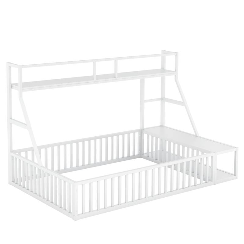 Full Size Floor Bed Frame with Safety Fence, Metal Floor Bed with Desk and Storage Shelves, Playhouse for Kids