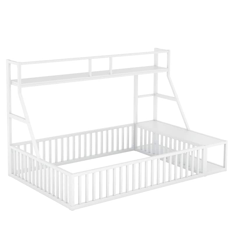 Kids Montessori Floor Bed, Metal Floor Bed Frame with Fence and Storage Shelves