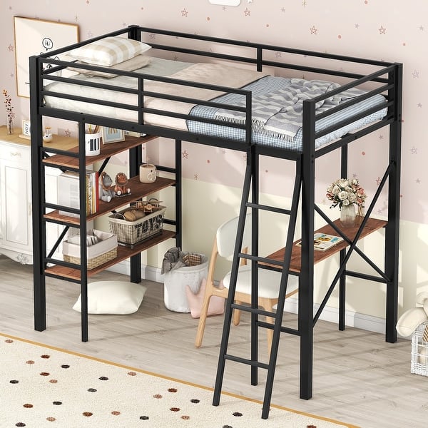 slide 2 of 12, Kid Friendly Twin Size Loft Bed with Shelves and Desk Black