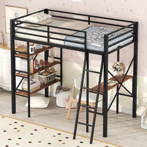 slide 2 of 12, Twin Size Loft Bed with Ladder and Full Length Guardrail, Metal Bed Frame with Shelves and Desk, No Box Spring Needed for Kids Black