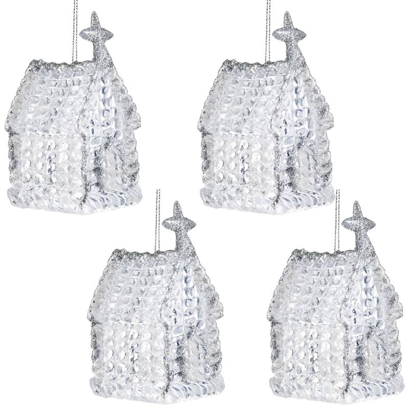 Glittered Acrylic Church Christmas Ornaments - 4.75" - Silver - 4ct