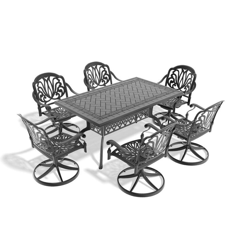 7-Piece Aluminum Rectangular Outdoor Patio Dining Set, 6 Cushioned Swivel Chairs, Table, All-Weather Frames