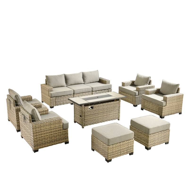HOOOWOOO 10-piece Outdoor Wicker Wide Arm Patio Furniture Set with Fire Pit