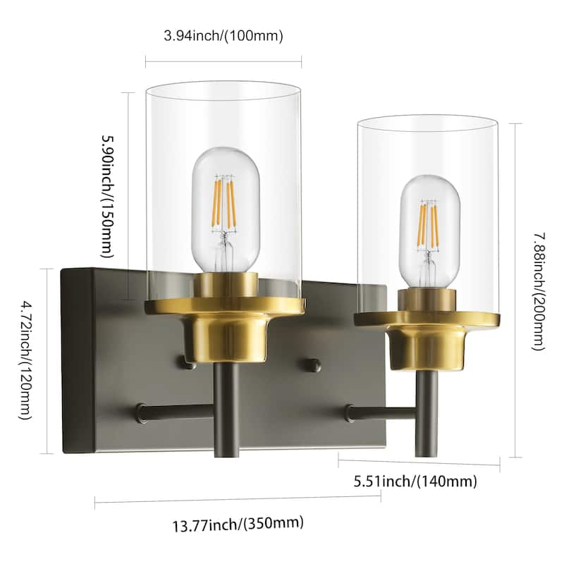 Starsky 2-Lights 13.77inch Modern Bathroom Vanity Light with Cylinder Glass Shade