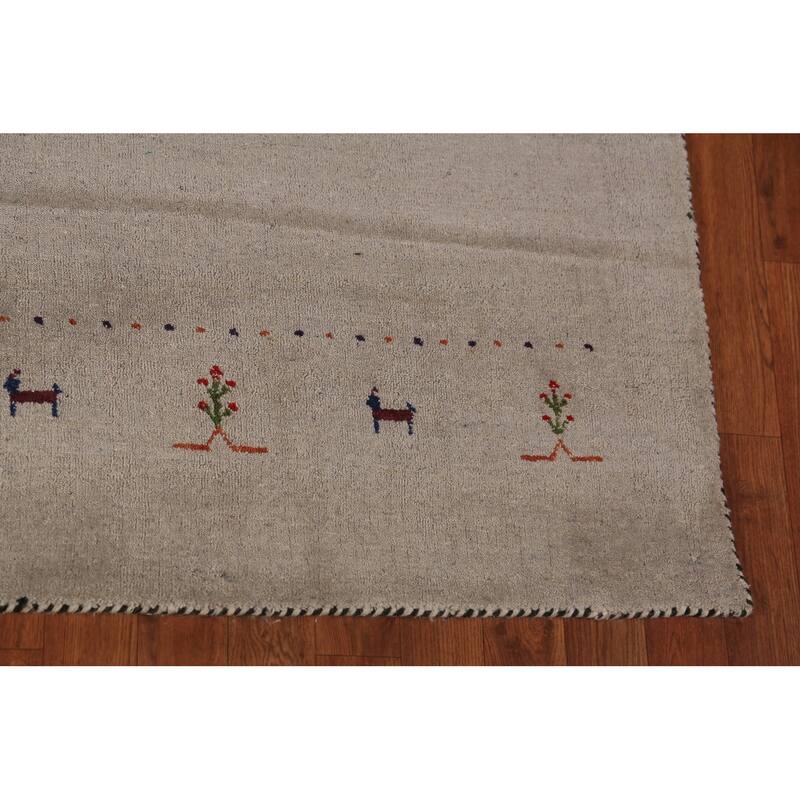 Tribal Gabbeh Area Rug Hand-Knotted Beige Wool Carpet - 5'8" x 7'9"