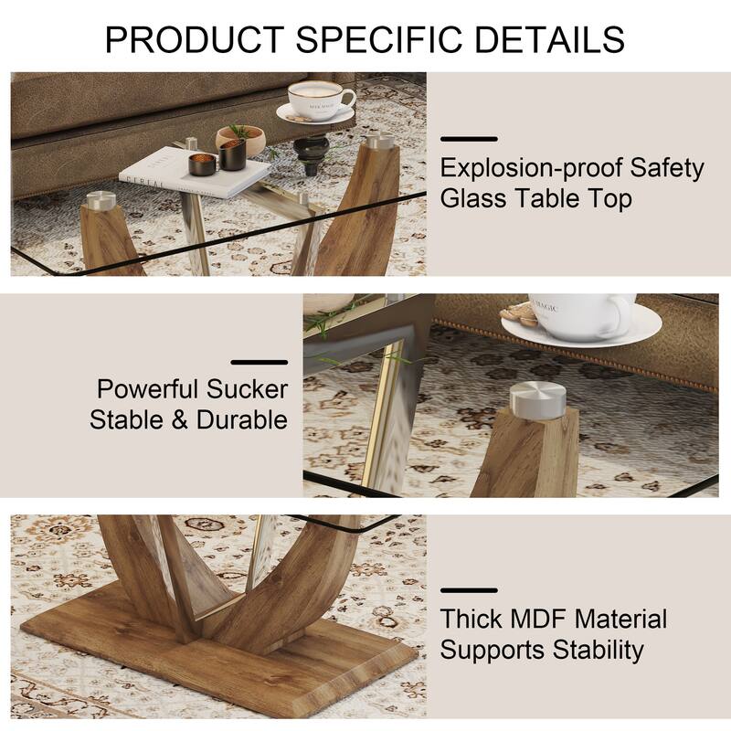 Modern Minimalist Transparent Tempered Glass Coffee Table With Wooden Mdf Legs