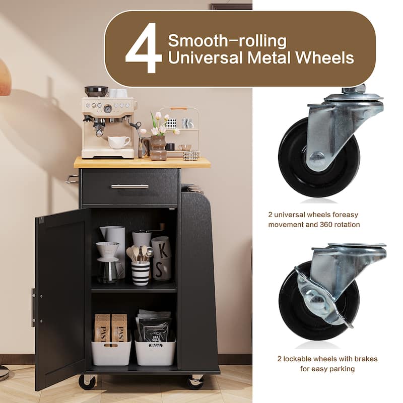 Rolling Kitchen Island with Storage Cabinet & Spice Rack & Drawer – Rubber Wood Top