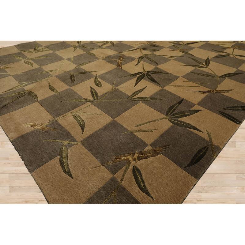 Hand Knotted Tibetan Green Floral Wool Transitional Oriental Area Rug - 6' x 9' 2''