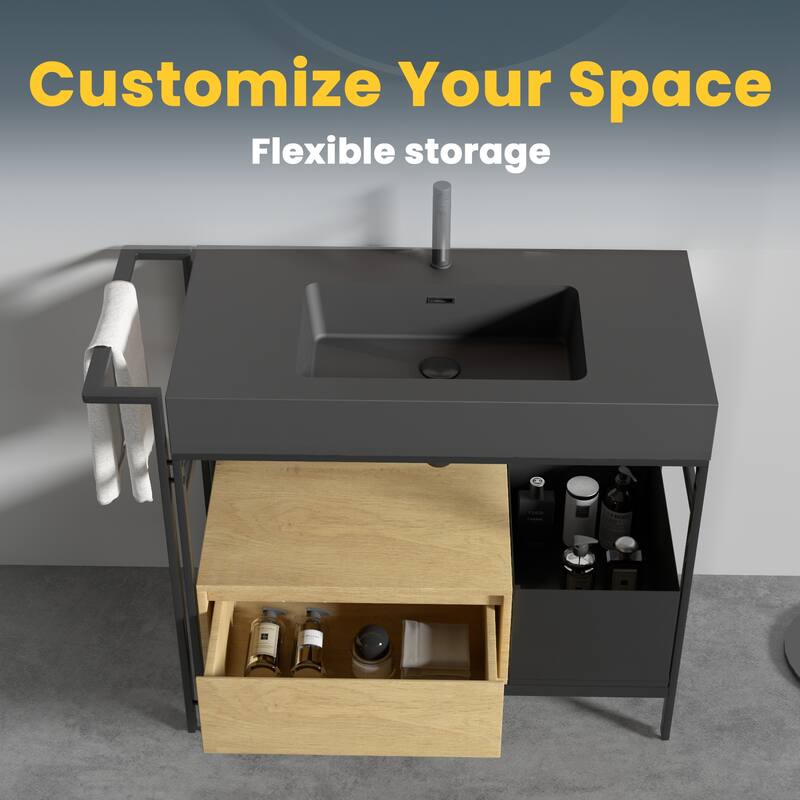 36" Industrial Modular Bathroom Vanity - Metal Frame with Seamless Artificial Stone Basin(Drain & Faucet Not Included)