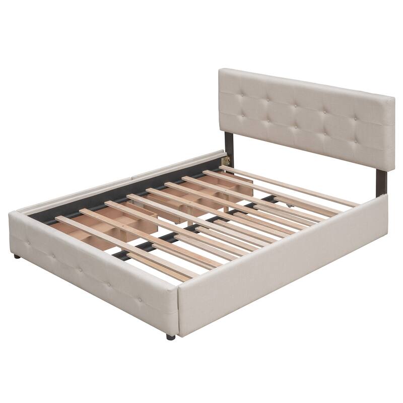 Queen Linen Tufted Platform Bed with Drawers and Trundle