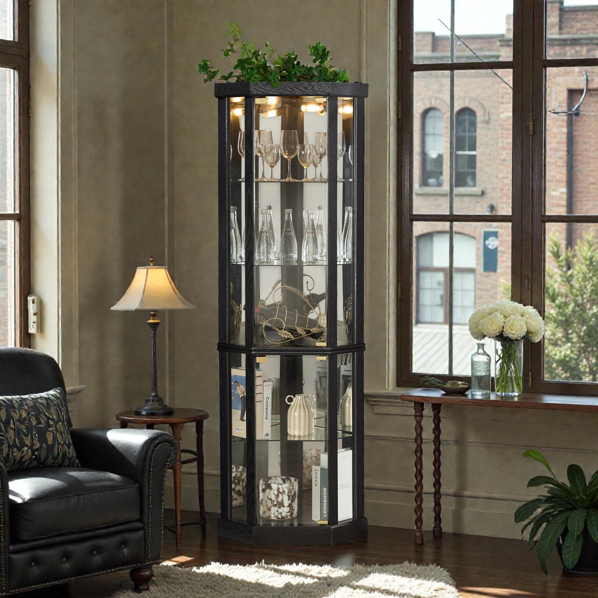 Lighted Corner Curio Cabinet with Glass Doors, Elegant Display Case for Living Room Bar and Wine Storage