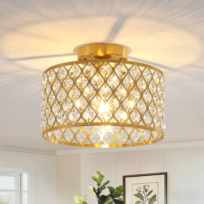 1-Light Modern Vintage Drum Crystal Semi-Flush Mount Ceiling Light