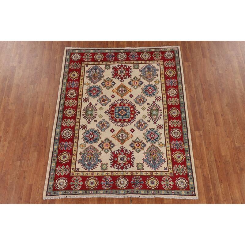 Geometric Ivory Kazak Oriental Area Rug Handmade Wool Carpet - 5'2" x 6'6"