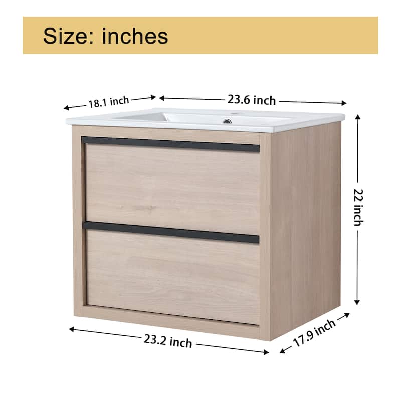 Malwee 24" Floating Bathroom Vanity, Wall Mounted Bathroom Vanity with Ceramic Sink,2 Soft Close Drawers