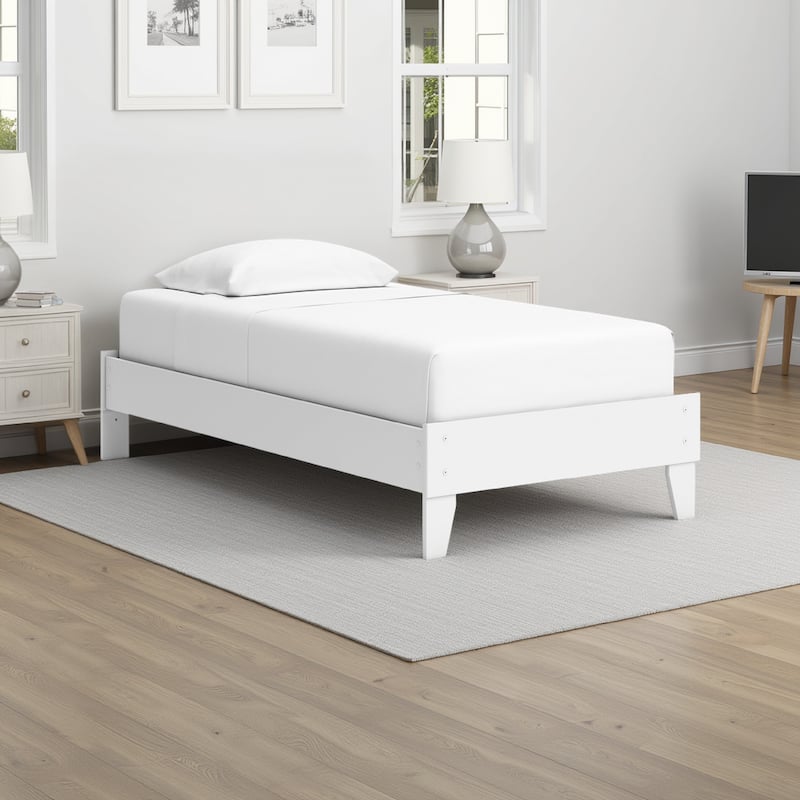 Kally Twin Platform Bed, Matte White Wood, Low Profile Tapered Legs