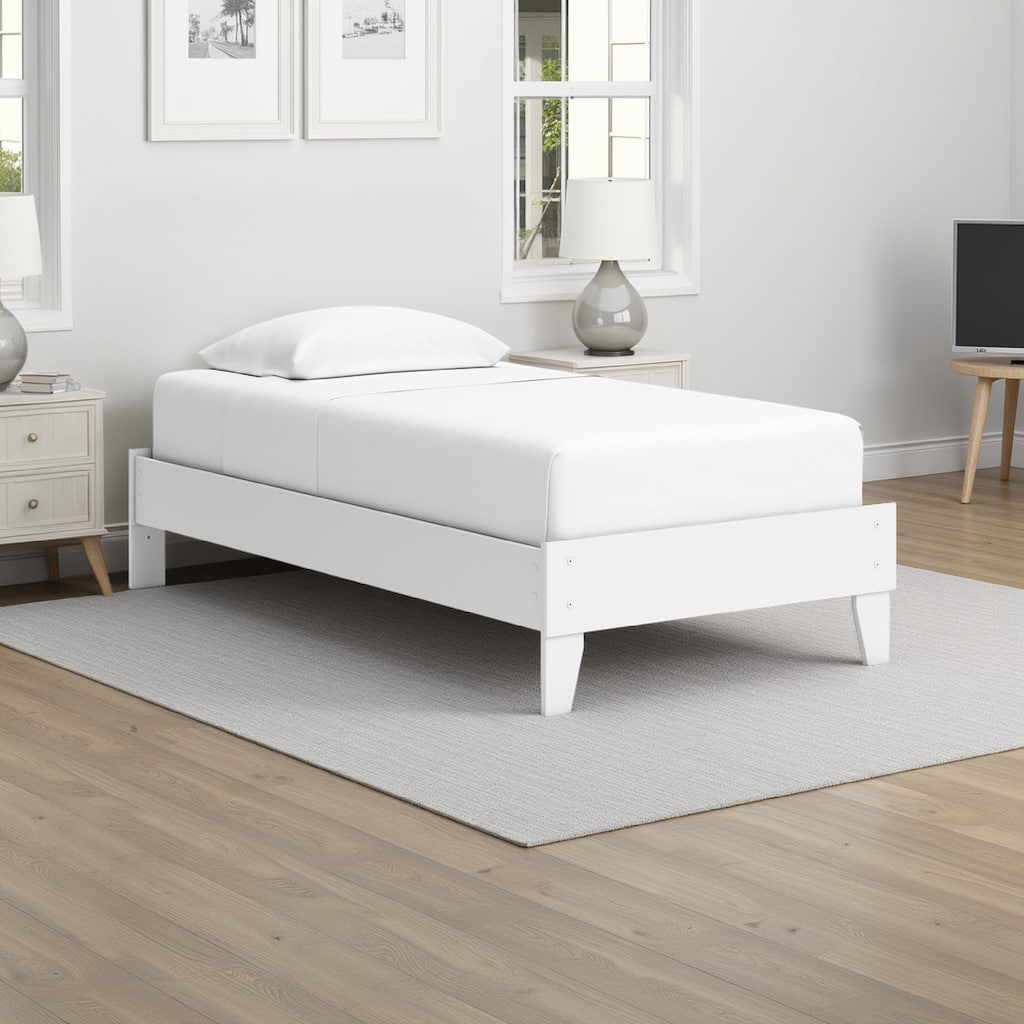 Kally Twin Platform Bed, Matte White Wood, Low Profile Tapered Legs