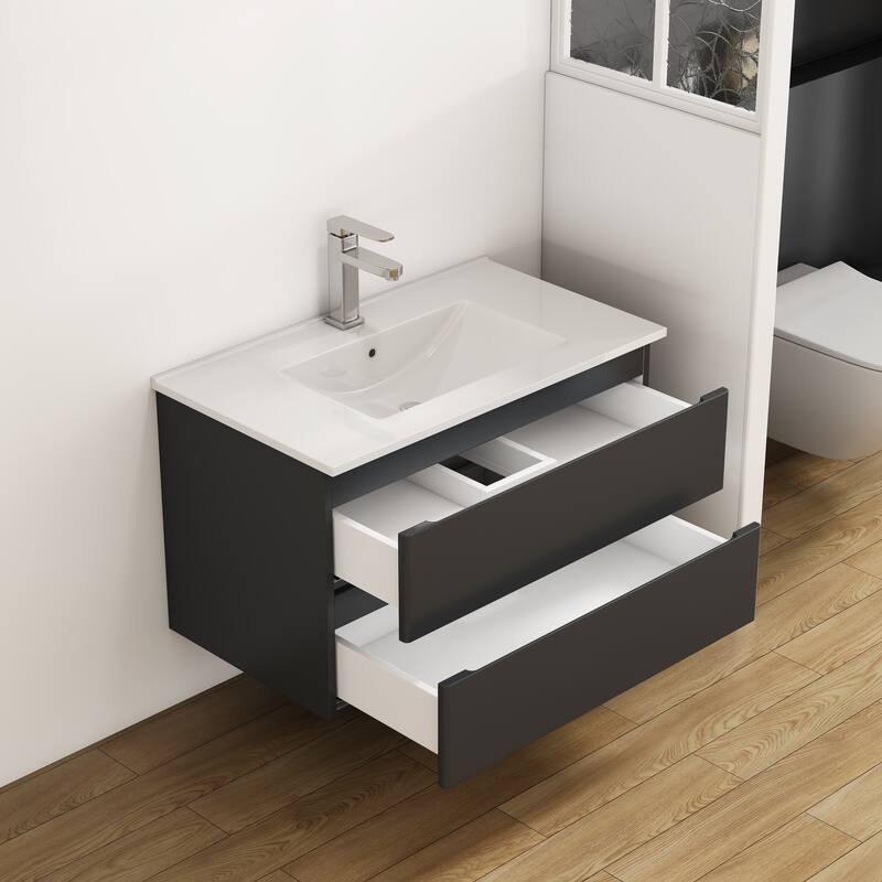 32 Inch Floating Bathroom Vanity with One-piece Ceramic Sink, Wall Mounted Cabinet with 2 Drawers