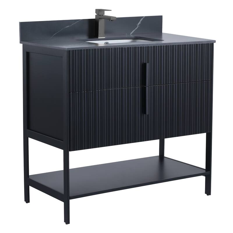 Fine Fixtures Serenity Modern Bathroom Vanity with Black Sintered Stone Top - Black Matte - Black Hardware - 36 inch