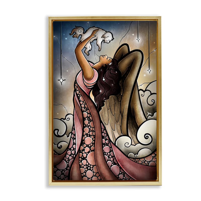 Stupell Angel with New Puppy Framed Floater Canvas Wall Art Design By Mandie Manzano - 21 x 31 - Gold