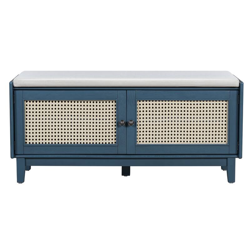 Boho Rattan Entryway Storage Bench with Double Doors