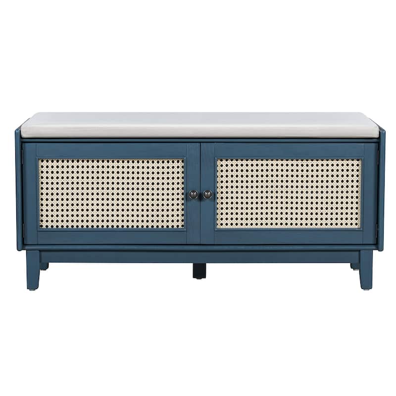 Rattan Entryway Bench with Storage, Cushioned Shoe Bench with Double Doors, Wooden Shoe Organizer Bench for Entryway
