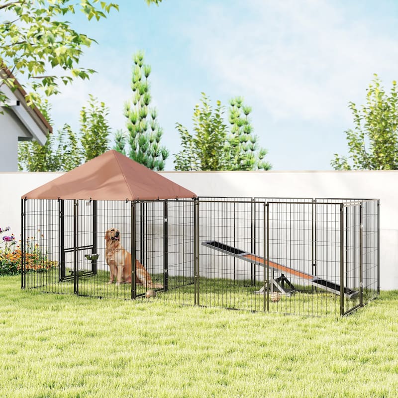 Coffee Steel Doghouse and Activity Pen with Adjustable Bowl Rack - 11.3' L x 4.7' W x 5.1' H