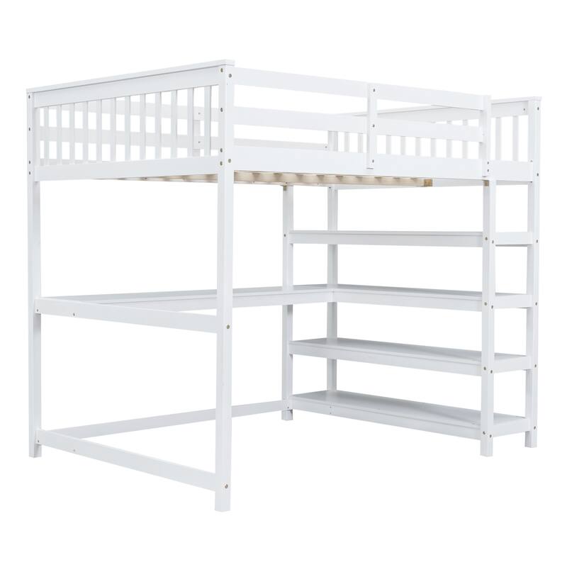 Twin/Full Loft Bed with Desk and Shelves, Wooden Loft Bed for Children's Bedrooms, Small Space, Space-Saving