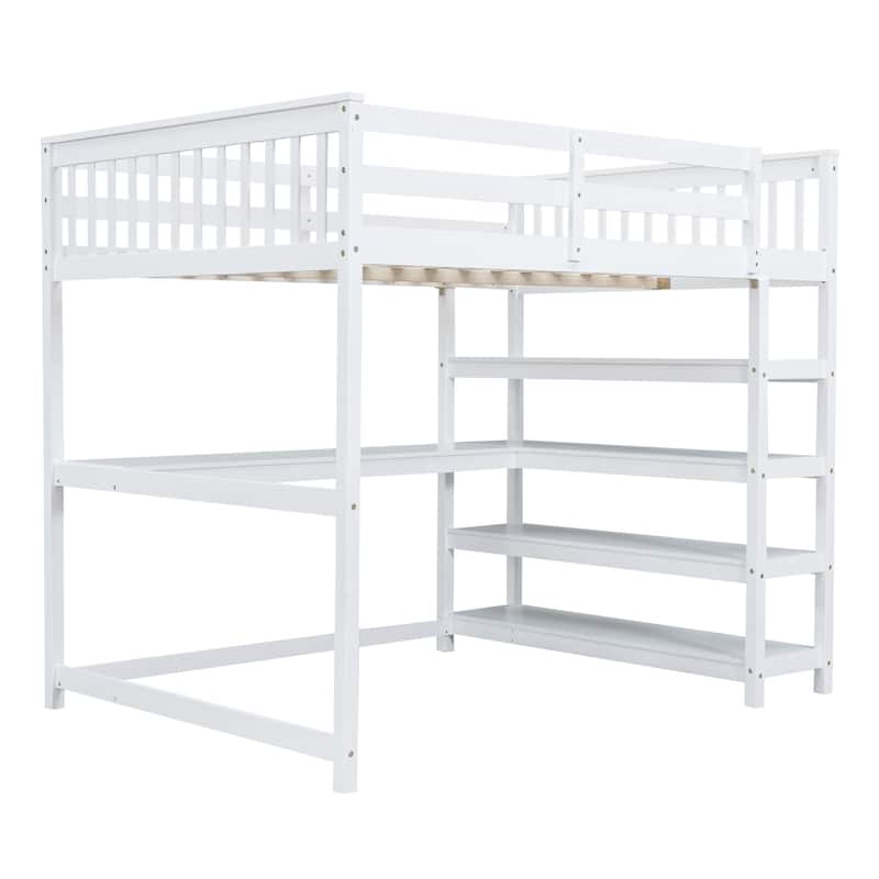 Wood Loft Bed w/Desk, Full Size Loft Bed w/Shelves and Under Bed Desk